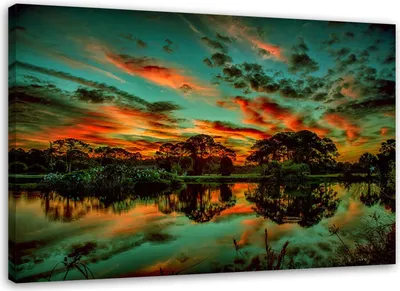 Produktbild von Leinwandbild sonnenuntergang auf einem see 90x60 cm Feeby orange wandbild bereit zum aufhängen