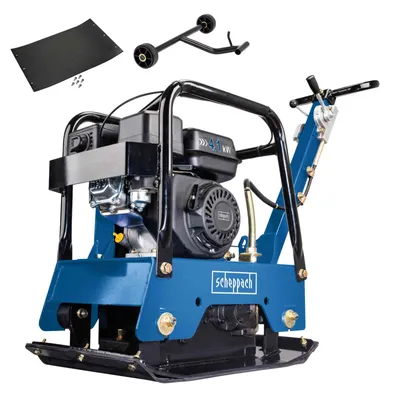 Produktbild von Scheppach HP2500S Benzin Rüttelplatte reversierbar | 125kg | 5,6PS | 40cm Verdichtung | 28kN | Vor-/Rücklauf: 15 m/min | Gummimatte & Fahrvorrichtung