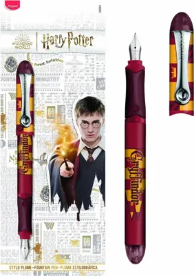 A Harry Potter themed fountain pen and its packaging, featuring Gryffindor colors and imagery of Harry Potter.
