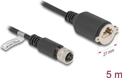 Image de Delock - Câble de réseau - M12 (4 broches) (F) à RJ-45 (F) à visser - 5,0m - 6,8 mm - FTP - CAT 5e - noir (80455)