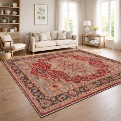 Produktbild von Vintage Boho moderner Wohnzimmerteppich Kurzflor waschbar rutschfest Rot Bunt Gold Grösse 240x340 cm