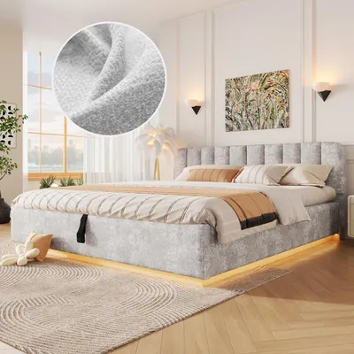 Image de Lit hydraulique matelassé 180x200 cm, revêtement en similicuir, lit double avec espace de rangement hydraulique, lit pour adolescents avec sommier à lattes, tissu en velours, gris clair