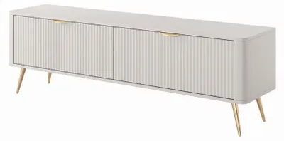 Image de Meuble TV MAVO 163 cm avec 2 abattants, beige et doré, façade rainurée, salon, meuble TV bas