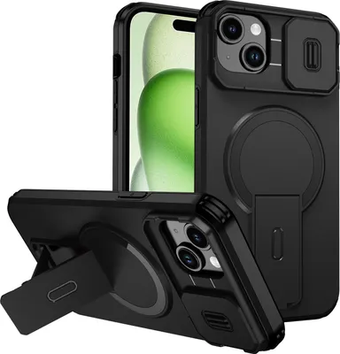 Obrázek produktu pro Magnetické pouzdro pro iPhone 15 Plus/iPhone 14 Plus, dvouvrstvé odolné pouzdro s posuvnou ochranou fotoaparátu a nastavitelným stojánkem Černá