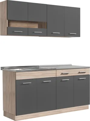 Produktbild von Homestyle4u Küche Küchenblock 160cm Grau Eiche Küchenzeile ohne Geräte Einbauküche Singleküche