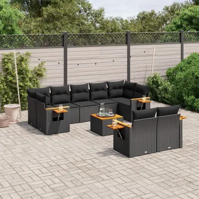 Produktbild von Design 10-tlg. Garten-Sofagarnitur mit Kissen Schwarz Poly Rattan, Gartenmöbel-Sets 2024 Neu
