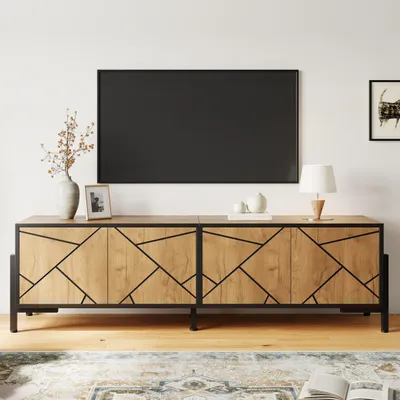 Immagine prodotto di Mobile TV Merax a 4 ante, mobile TV dal design geometrico, mobile TV in MDF fino a 65 pollici, mobile da salotto con gambe in metallo, Naturale + Nero