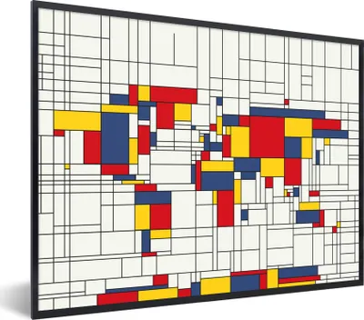 Produktbild von MuchoWow® Gerahmtes Poster Weltkarte - Mondrian - Farben 80x60 cm - Poster mit Schwarzem Bilderrahmen Wandposter Rahmen Foto Bilder - Schwarzem - Mit Gestell