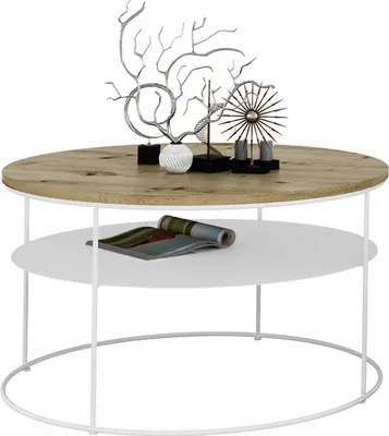 Zdjęcie produktu dla Okrągły Stolik Kawowy z Półką Salon Loft Metal 75x75x43 Biały+Dąb Artisan