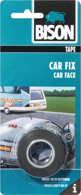 Packaging for Bison Car Fix tape, showing a collage of car repair scenarios.