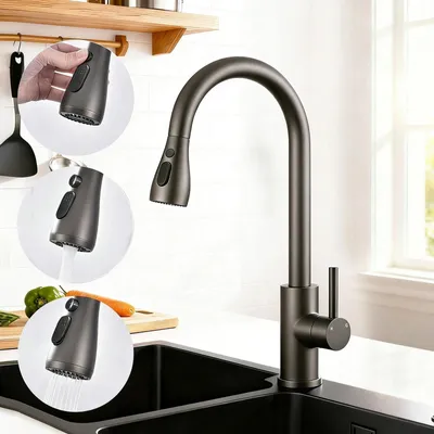Produktbild von AICA Küchenarmatur ausziehbar 360° drehbar Spültischaratur 3 Strahlarten Einhand Hochdruck   Edelstahl Wasserhahn Küche Gunmetal Grau
