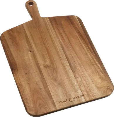 A wooden cutting board with a handle is shown against a white background.