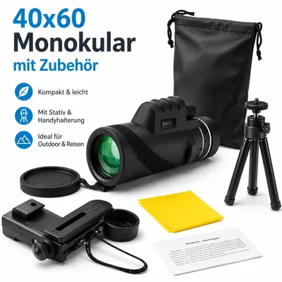 Produktbild von 40x60 Monokular Teleskop mit Smartphone-Halterung & Stativ – kompaktes Fernrohr für Natur, Wandern, Reisen, Vogelbeobachtung & Outdoor