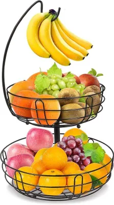 Produktbild von Famanu Obstschale 2-stufig mit Bananenhalter – Metall Obstkorb (schwarz)