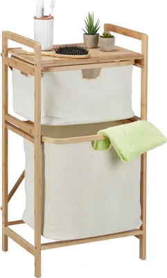 Image de Étagère-panier à linge Relaxdays, en bambou, avec 2 compartiments de tri, dimensions : 85 x 44 x 33 cm, étagère de salle de bain avec panier à linge, naturel/beige