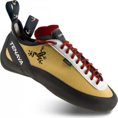 Schnür-Kletterschuh 'Masai' von Tenaya in gelb mit schwarzer Sohle und roter Schnürung.