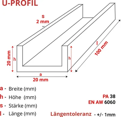 Produktbild von ALUMINIUM U-PROFIL 20x20x20x2 mm 10 cm ALUMINIUM PA38 + ZUSCHNITT NACH MASS
