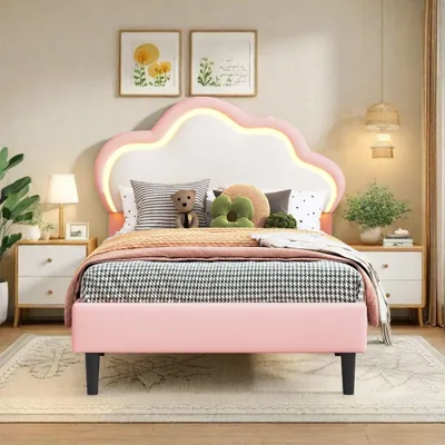 Immagine prodotto di Letto a una piazza 90x200, con luci LED e rete a listelli, testiera regolabile a forma di nuvola, letto imbottito rosa, ideale per bambine e adolescenti