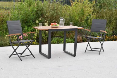 Obrázek produktu pro Sada zahradního nábytku Merxx Paxos, 3 kusy: 2 skládací křesla, rozkládací balkonový stůl 80 (120) x 70 cm, materiál: hliník/akácie/textil