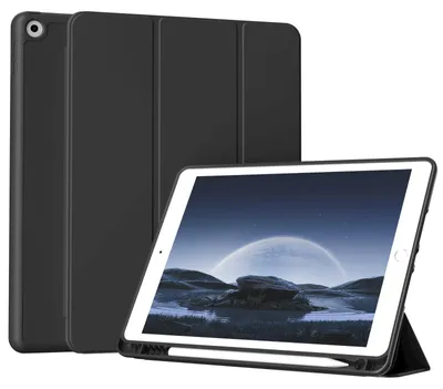 Produktbild von ZOYU Hülle für iPad 9. / 8. / 7. Generation 10,2 Zoll 2021/2020/2019 mit Stifthalter, Auto Schlafen/Wachen, Ultradünne Schutzhülle aus TPU mit Standfunktion für iPad 9/8/7, Schwarz