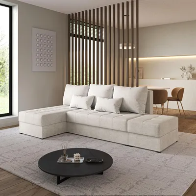 Produktbild von Masseno Ecksofa NORVI mit Schlaffunktion L-Form, Sofa mit Bettkasten, Wohnzimmersofa, Couch, Soffa, Bettsofa, Couchgarnitur- Creme, NEVE 02