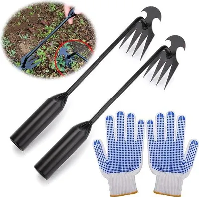 Immagine prodotto di Estricatore manuale di erbacce in acciaio inossidabile, 2 pezzi, con guanti, per prato e giardino