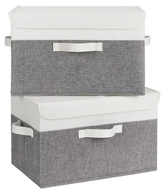 Produktbild von Aufbewahrungsboxen mit Deckel, Aufbewahrungsboxen im 2er-Set, faltbare Stoffaufbewahrungsbox mit Deckel, Kleideraufbewahrungskörbe, weiß-graue faltbare Boxen mit Deckel