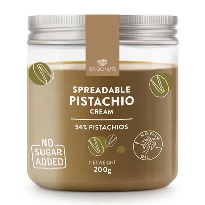 Zdjęcie produktu dla ORIGONUTS, Pasta Pistacjowa 54% Pistacji, Krem Pistacjowy, Bez Cukru, 200 g