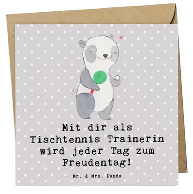 Produktbild von Mr. & Mrs. Panda Klappkarte Tischtennis Trainerin Freudentag - Grau Pastell - Geschenk, Trainingseinheiten, Taktik, Glückwunschkarte, Danksagung, anlasskarte, doppelkarte