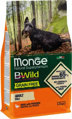 Productafbeelding van Monge BWild, graanvrij, mini brokken met eend en aardappelen, 2,5 kg