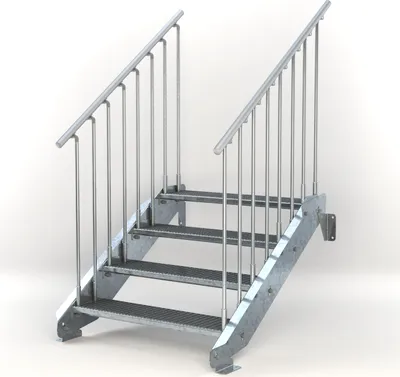 Produktbild von Stahltreppe 4 Stufen bis Höhe 84 cm, Laufbreite : 100 cm beidseitiges Geländer ST 3 (31 / 9 mm schmal)