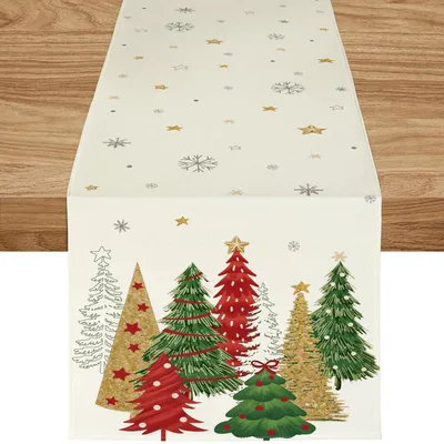 Produktbild von Tischläufer Weihnachten 40x140 cm Beige mit Weihnachtsbäumen & Schneeflocken