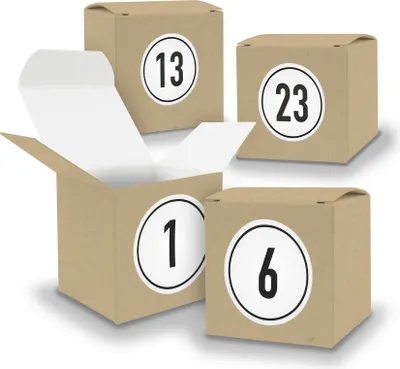 Produktbild von Adventskalender zum Füllen 24x Würfel 6,5cm BRAUN + Sticker V05 Z09