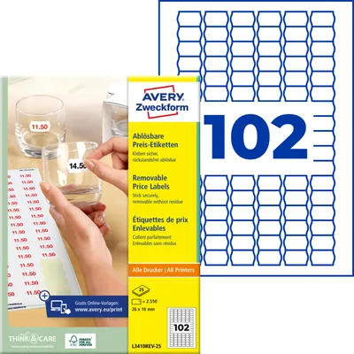 Produktbild von Avery Zweckform L3410REV-25, Preis-Etiketten, A4, 26 x 16 mm, 2.550 Etiketten / 25 Bögen, weiß