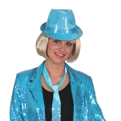 Hut Discoqueen mit Pailletten türkis 58 cm für Erwachsene Kostüm-Zubehör Kopfbedeckung Unisex für Damen und Herren Accessoire Fasching Karneval Mottoparty