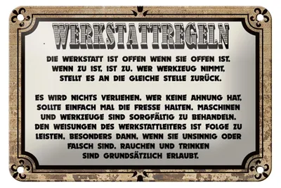 Produktbild von Blechschild Spruch 18x12cm Werkstattregeln Werkstatt offen