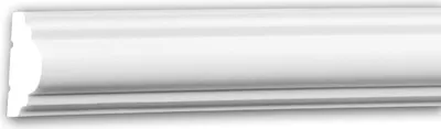 A close-up, studio shot of a white decorative molding strip against a white background.