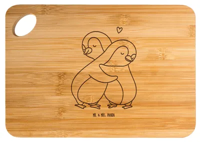 Produktbild von Mr. & Mrs. Panda Schneidebrett Pinguine Kuscheln - Transparent - Geschenk, Freund, Valentinstag, für Partner, Frauen, Holzbrett, Hackbrett, Hochzeitstag, Holzbrettchen