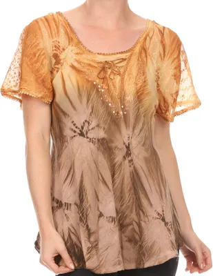 Zdjęcie produktu dla Sakkas 16480 - Bluzka z długimi rękawami, wzór tie-dye ombre batik, z haftowanymi detalami, model "korsetowy"