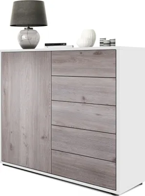 Produktbild von Vladon Sideboard Ben V2,  Germany, Kommode mit 1 Tür und 5 Schubladen, Weiß matt/Eiche Nordic (79 x 74 x 36 cm)