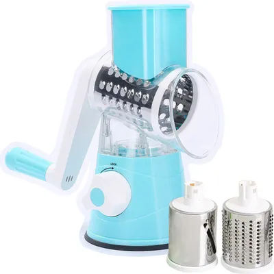 Produktbild von Manuelle Rotationskaesereibe mit drei Trommelklingen Edelstahl-Handrotationsschneidemaschine fuer Karottengurken-Schokoladenmuttern-Kuechenhelfer