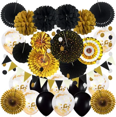 Produktbild von ZERODECO Party Dekoration Schwarz Gold Konfetti Ballons Papier Pompoms 38tlg