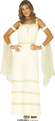 A woman is posing in a white and gold ancient Greek goddess costume.