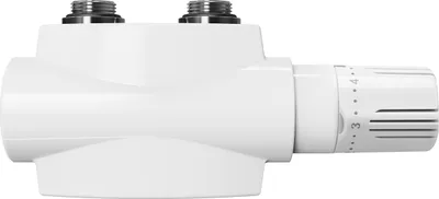 Produktbild von Heilmetz Ventil-Armaturen Set Multiblock mit Thermostat (1 Stück) M30x1.5mm für Heizkörper, Anschlussarmatur Universal für Eck- und Durchgangsform 50mm Weiß mit dekorativer Abdeckung