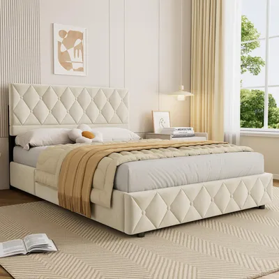 Image de okwish Lit boxspring rembourré 140x200 cm avec tête de lit capitonnée, espace de rangement et sommier, lit double moderne, beige, sans matelas