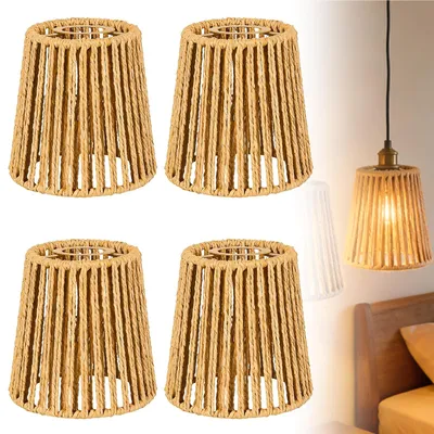 Immagine prodotto di Omgoods - Set di 4 paralumi in stile boho, in rattan, 14 x 14 x 10 cm