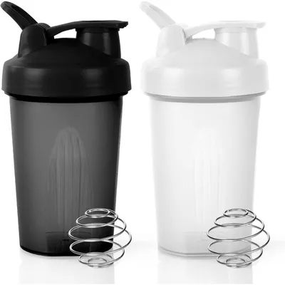 Obrázok produktu pre Proteínový šejker 400 ml s odmerkou a nerezovou guľou na miešanie, bez BPA, čierno-biely