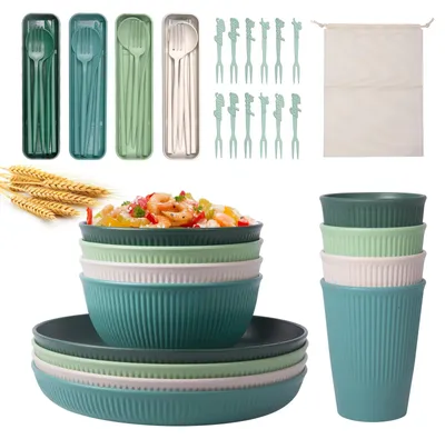 Image de Ensemble de couverts de camping, 45 pièces, pour 4 personnes, en plastique, idéal pour le camping