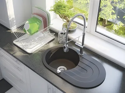 Produktbild von BADLAND Spülbecken Granitspüle Einzelbecken Dafne 47x78 Schwarz mit langer Ablaufplatte | Siphon im SET!