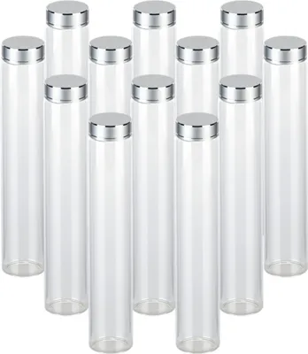 Produktbild von gouveo 12er Set Schraubgläser 150 ml Tube mit Deckel silberfarben - Kleine zylinderförmige Gläser mit Verschluss für Gewürze, Kosmetik, Bastelzubehör